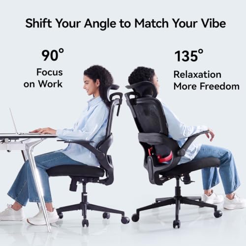 Image of SIHOO B100 SE Ergonomic Mesh Office Chair, Desk Chair with Lumbar Support | Soft Memory Foam, Flip-up Armrests, Computer Chair for Home Office, 3-Gear 135 tilt, Hold 300lbs - Black