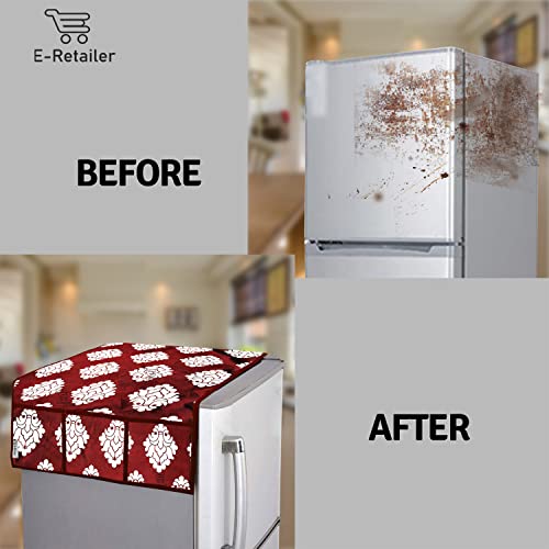 Image of Polyester 3-Layered Fridge Top Cover /Refrigerator Cover with Utility Pockets and Set of 3 Pc Fridge Mats (Color-Maroon, Size-39x21 Inch)