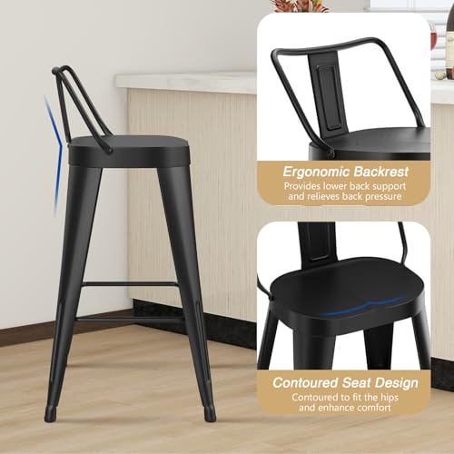 Set de 4 Bancos de Bar de Metal de 30 Pulgadas, Estilo Industrial Moderno con Respaldo Bajo, para Cocina y Pubs (Negro) miniatura 4