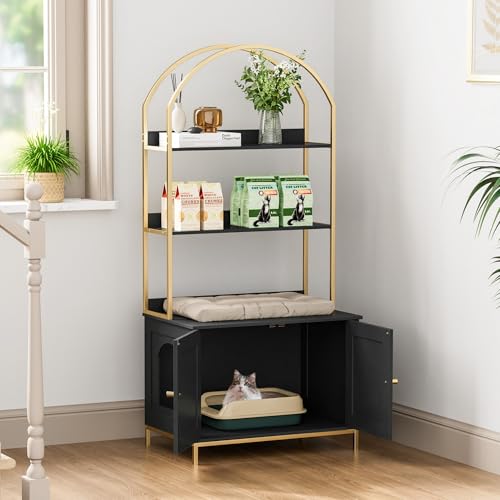 Homhedy Cat Litter Box Enclosure, Litter Box Furniture Hidden with 2-Tier Storage Shelves, Wooden Cat Washroom Furniture with Metal Frame, Modern Style, Black and Gold