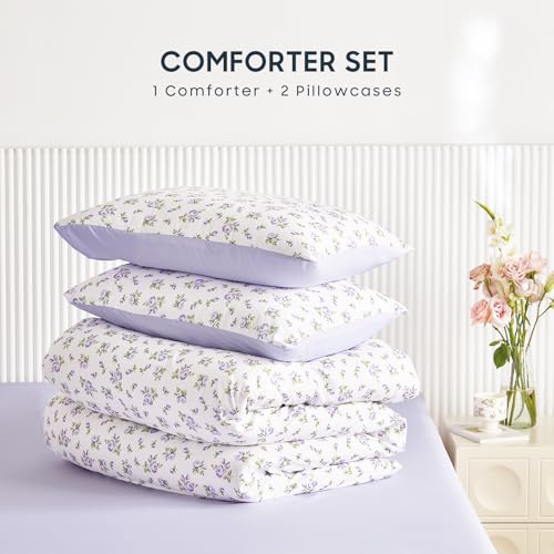 Image of Wake In Cloud - Floral Comforter Set, Coquette Cottagecore Aesthetic Flower Shabby Chic Pattern for Women Teen Girls, Soft Lightweight Bedding, 3 Pieces, White Purple, Queen Size
