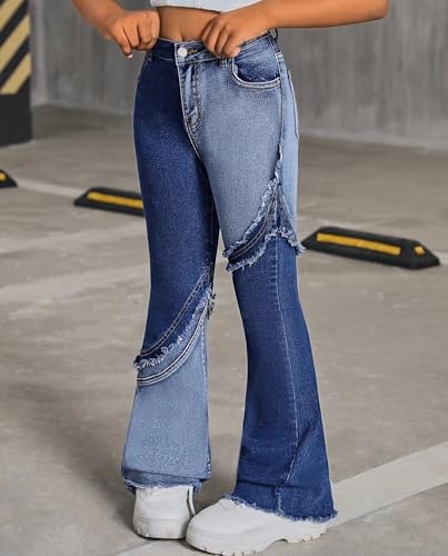 Teen Girls High Waist Patchwork Flare Jeans Stretchy Raw Edge Bell Bottom Denim Pants for Ages 7-114