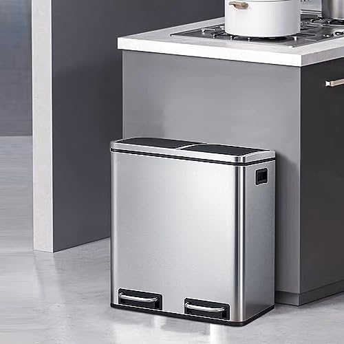 Panana Stainless SteelKitchen Waste System,Recycling Pedal Bin with Double Compartments,2x15L Double Bin for Recycling and Waste with 2Pedal (Silver, 30L)