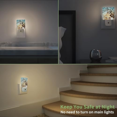 Image of Starfish Seashell on Beach Night Light, Summmer Beach Night Light Plug into Wall with Dusk to Dawn Sensor, LED Lamp Energy Saving Lights for Men Women Boys Girls,Lamp for Bedroom Bathroom Hallway