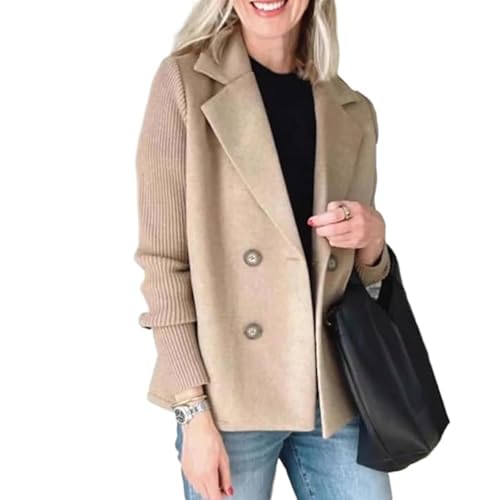 Women's Lapel Button Knitted Patchwork Sleeve Casual Coat,Trendy Double Breasted Pea Coats With Pockets,Winter Blazer Loose Jackets Tops(Khaki,S)