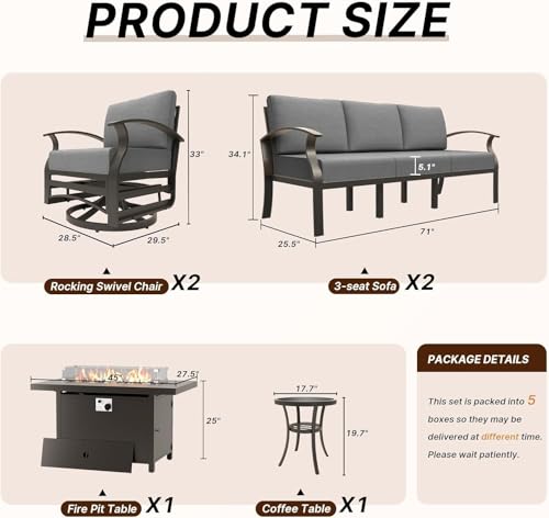 Image of Aluminum Patio Furniture Set with Fire Pit Table, 8 Seats Outdoor Patio Conversation Sets with Swivel Chair Modern Metal Sectional Sofa with Upgrade Cushions for Patio, Backyard - Grey