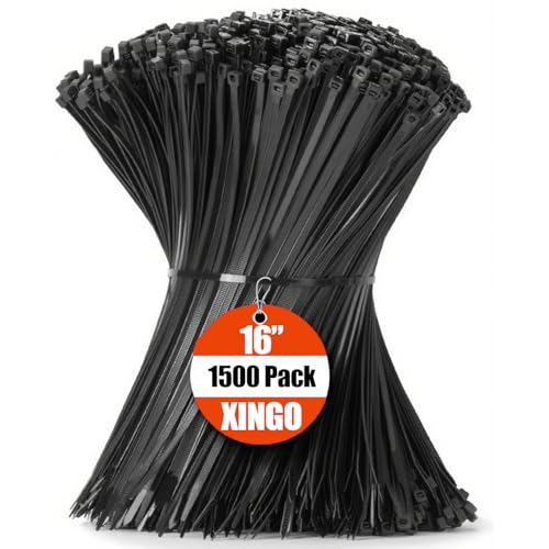 XINGO 16 Inch Black Zip Ties 1500 PCS 85 LBS Tensile Strength UV Resistant Cable Ties Premium Self-locking Plastic Ties for Indoor and Outdoor Use