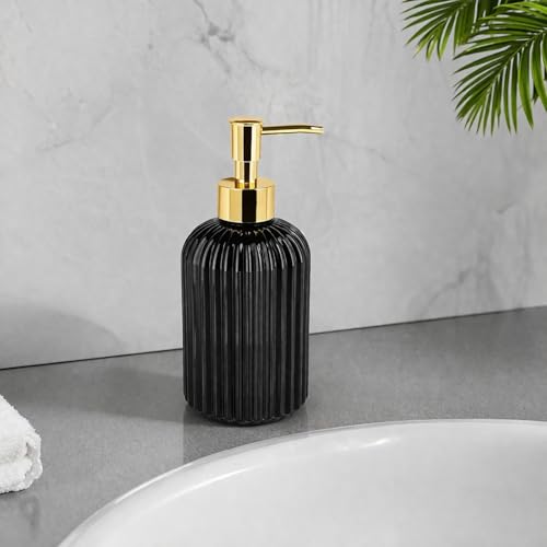 Image of Luxe Home International Vertical Ribber Pattern Glass Soap Dispenser for Bathroom and Kitchen Sink Leak Proof Liquid Hand Wash Round Bottle Lightweight Smooth Finish (19.5x7.5 cm Black) Pack of 1