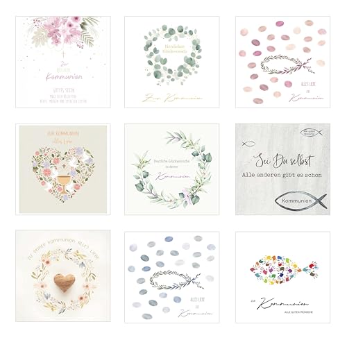 Edition Seidel Set 9 Premium quadratische Karten zur Kommunion mit Umschlägen. Glückwunschkarten Kommunionskarten Doppelkarten Klappkarten Kartenset Karte Spruch Kinder Jugendliche (SW026)