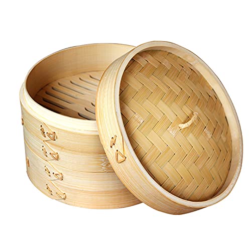 Bamboo Steamer, 2 Tiers Chinese Food Steamers, Traditional Design Healthy Cooking for Dumplings, Vegetables, Chicken, Fish - Handmade Steam Basket Included 2 Gauze Liners, 2-Tiers with Lid,20.3cm