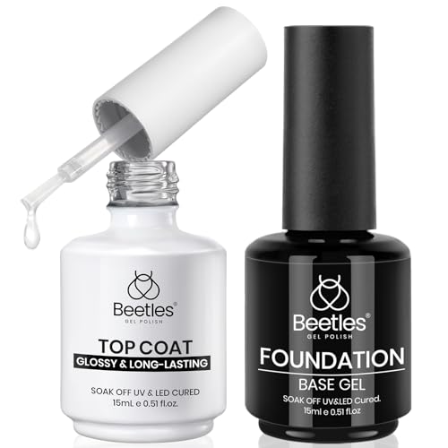 Gelab cosmetics LLC Beetles Builder Gel and Extra Glossy Top Coat No Wipe for Nails with Nail Brush, 15ml Low Heat Hypoallergenic Clear 7 in 1 Builder High Shine Long Lasting Top Coat Gel Nail Polish