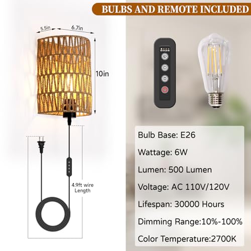 Image of FINCMY Boho Wall Decor Plug in Wall Sconces, Dimmable Sconces Wall Decor Set of 2, Natural Hemp Rope Boho Decor, Plug in Wall Light with Remote, LED Bulbs Included