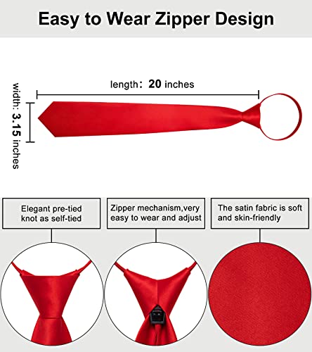 Image of YourTies Zipper Tie for Men Adjustable Pre-tied Satin Neckties and Pocket Square Set Solid Color Business Formal Wedding
