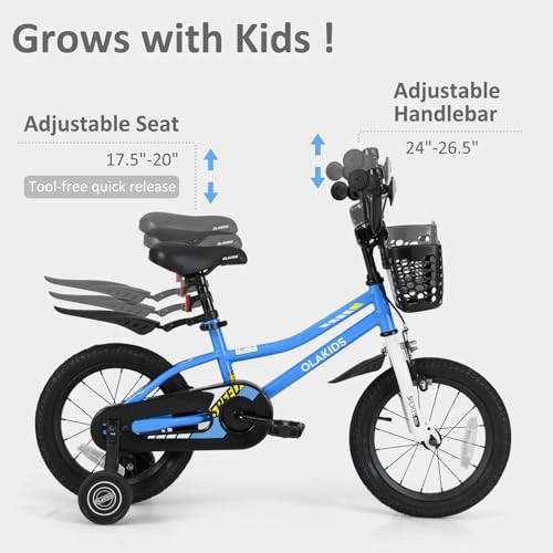 Image of Olakids Kids Bike, 12 14 16 18 Inch Toddlers Bike with Training Wheels Basket Adjustable Seat and Handlebar, Handbrake and Coaster Brake, Children's Bicycle for Boys Girls 3-8 Years Old