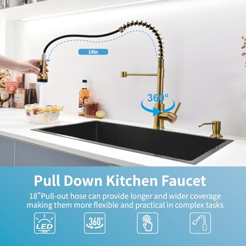 Image of GIMILI Gold Kitchen Faucet with Soap Dispenser Single Hole Pull Down Sprayer LED Faucet, Suitable for Farmhouses, RV, Laundry Room, Outdoor, and Campers. Llave para fregadero de cocina