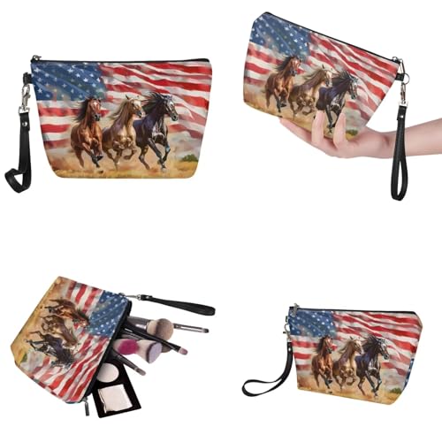 Image of American Flag Horse Purses for Women Tote Purse and Handbag Top Handle Satchel Bags with PU Zipper Make Up Bag Purse, Large Purse and Wallet Set for Women for Working Travel Shopping