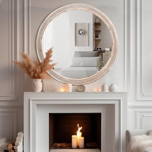 HOITUZYUS Round Wood Mirrors for Wall Decor, 30 Inch Rustic Farmhouse Circle Decorative Mirror for Bathroom, Living Room, Foyer, Entryway, Bedroom - Image 3