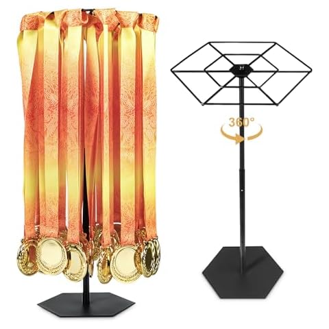 Rotating Medal Hanger Display Stand, Rotatable Medal Holder for Sports Award. Adjustable Metal Rack Perfect for Basketball, Running, Gymnastics, Soccer Race Medals. Showcase 45+ Medals on Table top! Cover