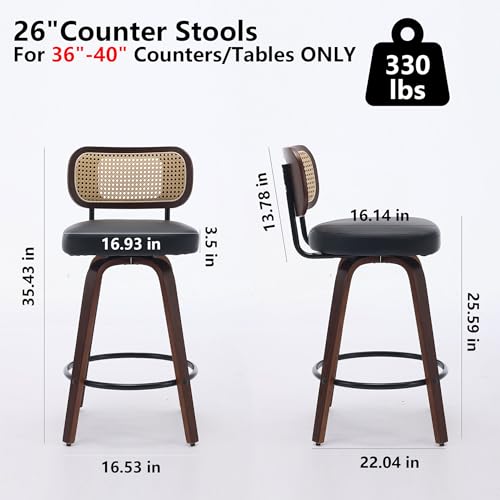 Image of Set of 3 Mid-Century Modern Swivel Bar Stools, 26 inch Kitchen Island Stools with Rattan Back & Bentwood Walnut Legs, Black Faux Leather Counter Stools
