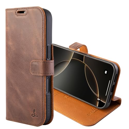 Snakehive Genuine Leather Wallet Case for iPhone 17 – Flip Cover with Card Slots & Stand (Brown)