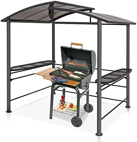 COOS Bay 8x5 BBQ Grill Gazebo Outdoor Backyard Steel Frame Double-Tier Polycarbonate Top Canopy with Shelves Serving Tables