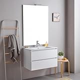 Dimensioni base: larghezza 80cm, altezza 50cm, profondità 46cm. Dimensioni lavabo: larghezza 81,5cm, profondità 46,5cm, spessore 2 cm. Specchio 80x110.