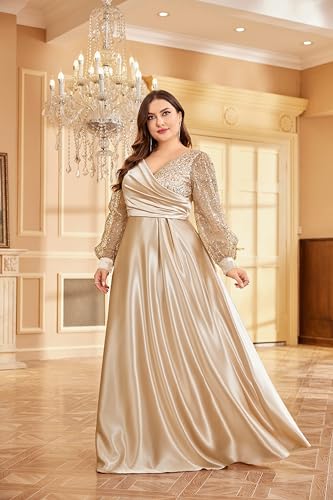 Image of XUIBOL Plus Size Women's Sequin Patchwork Long Sleeve Evening Party Dress Champagne 20