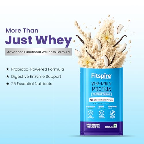 Image of Fitspire YOR Daily Coconut Vanilla Protein Powder 50g | 20g Protein with 24+ Vitamins & Probiotics for Daily Wellness | Zero Added Sugar, Monk Fruit Sweetened