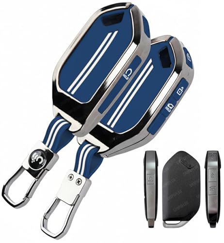 Image of SHOPOFLUX Metal Key Cover Compatible with Kia Syros, Seltos, EV6 EV9 4 Button Smart Key (Metal Blue Silicone)