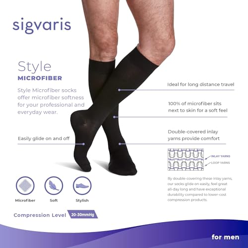 Image of SIGVARIS Men's Style Microfiber 820 Closed Toe Calf-High Socks 20-30mmHg - Tan Khaki - Small Long