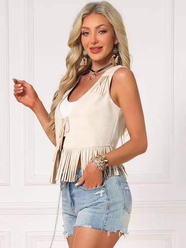 Image of Allegra K Fringe Vests for Women's Cowgirl 70s Sleeveless Country Concert Western Faux Suede Tassel Vest Top
