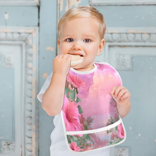 MCHIVER Flower Ocean Pink Baby Bibs for Infants Boys Girls Waterproof Feeding Bib Apron with Food Cather Adjustable Cotton Food Eating Bib 2 Pack4