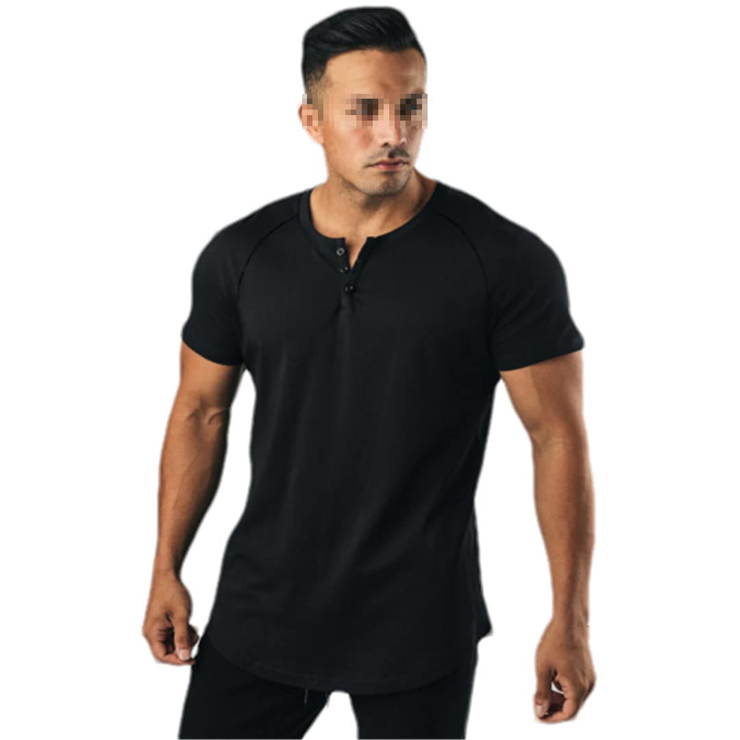 Camisetas de manga corta para hombre, estilo casual, ajustadas, cuello en V, estilo Henley, Negro, XXL