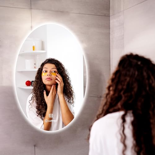 Image of 12x18 Inch LED Bathroom Mirror - Wall-Mounted Glass Mirror with Smart Sensor & 3-Color Lighting. (Oval, 12 X 18)