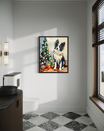 Image of Border Collie Christmas Black Framed Wall Art Print Poster, Dog Pet Lover Picture Painting Artwork Bedroom Living Room Office Dining Room 150D (Border Collie Christmas, 10 inch L x 8 inch W, Black Frame)
