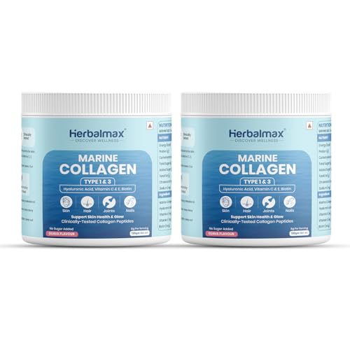 Image of Herbalmax Hydrolyzed Marine Collagen Supplements 120g With Hyaluronic Acid, Vitamin C & E, Biotin | Supports Healthy Skin, Hair, Nails, Bones & Joints | Type I & III Collagen Guava Flavour Pack of 2