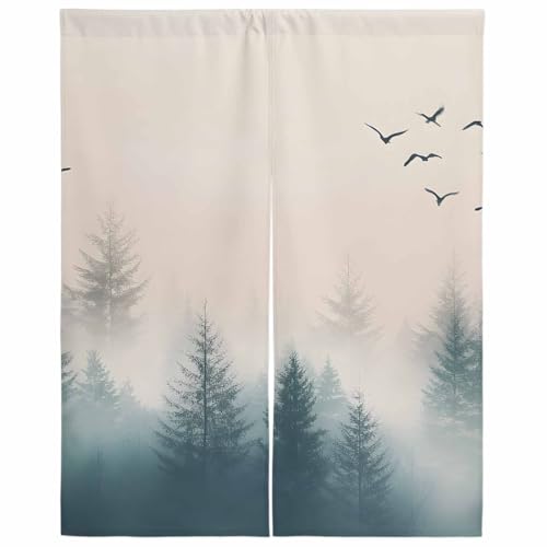 Lalirulero のれん 遮光 幅85x丈90cm おしゃれ 暖簾カーテン 間仕切り 仕切り 防寒 防音 目隠し 厚手 和風 出入り口 グッズ 寝室 玄関 キッチ リビング 春夏秋冬 水彩画 手描き 風景 植物 山脈 レトロ