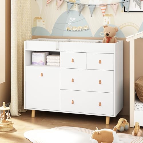 Image of Timechee Baby Changing Table Dresser, Modern 45“ Nursery Changing Dresser Chest for Infants with 5 Drawers & 1 Shelf, Large Storage Diaper Changing Station for Daycare, White