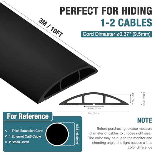 Image of Floor Cord Cover, Cable Protector, 0.63W x 0.31H inches, Wire Cover for Extension Cords, Floor Cable Covers Prevent Cable Trips (Black, 50-10 Feet) (Pack of 2)