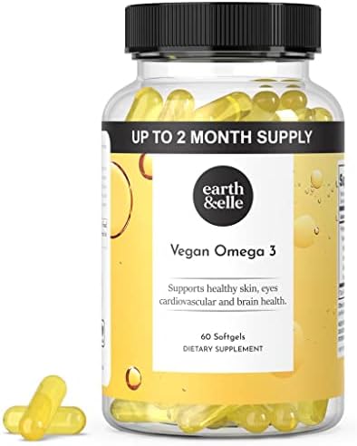 Earth & Elle Algae Omega 3 Supplement - Vegan Omega 3 - Omega 3 Vegan Supplement w/Algae Oil & Vegan DHA - Helps Support Heart & Brain Health 1000 mg Per Serving - No Fishy Aftertaste 60 Softgels