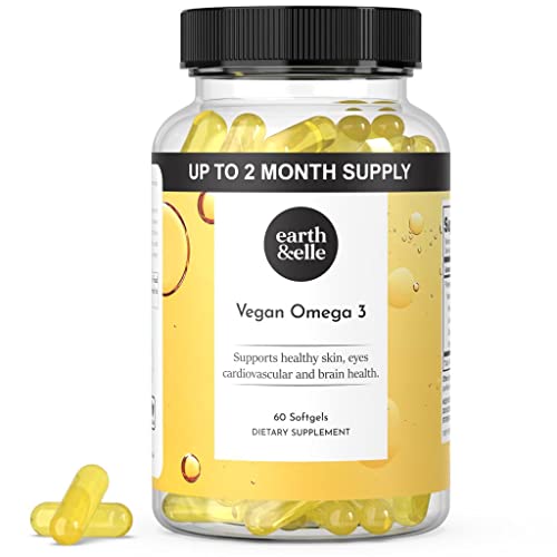 Earth & Elle - Vegan Omega 3 - Algae Omega 3 - Vegan Omega 3 Supplement w/Algae Oil - Contains Vegan EPA DHA - 2 Month Supply - Boosts Mood & Promotes a Healthy Heart - 60 Algae Oil Softgels