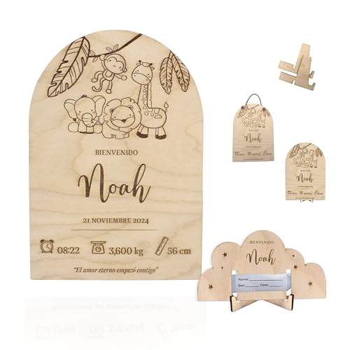 ayurvana Lámina Natalicio de Madera Personalizada - Cuadro Grabado con Nombre y Datos del Bebé - Regalo Bebé Personalizado - Decoración Infantil - Recuerdo de Nacimiento con Soporte Brazalete(SAFARI)