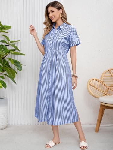 ebossy Women's Boho Striped Shirt Dress Button Up Side Slit Loose Mid Long Cotton Dress with Pockets4