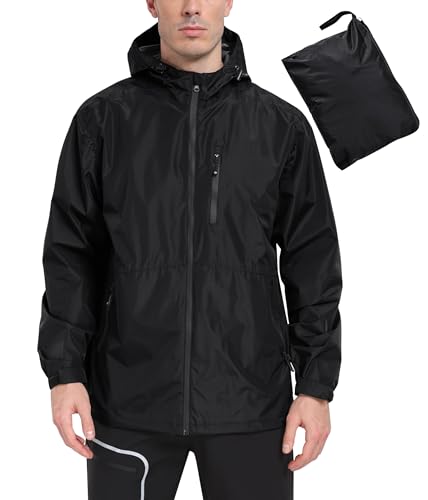 MoFiz Hombre Chaquetas Impermeables Chubasqueros Plegable Ligero Cortavientos Impermeable para Ciclismo Running Acampada Marcha Viajes Senderismo Negro Talla EU L - imagen 2