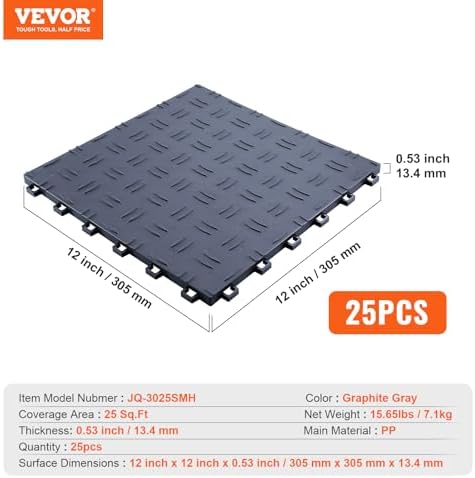 VEVOR Garage Tiles Interlocking, 12 x 12 x 0.53 inch 25 Pack Garage Floor Covering Tiles, Non-Slip Double-Sided Texture Garage Flooring Tiles, for Garages, Basements, Repair Shops, Graphite Gray