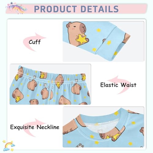 Capybara with Stars Blue Pattern Cute Pajama Sets Long Sleeve Top and Pants, Snug Fit Sleepwear for Night Wears4