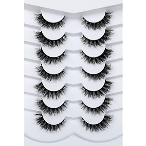 Pooplunch False Eyelashes Cat Eye Look Wispy Lashes Short Natural Crossed Extension Volume Fake Eyelashes 8D Faux Mink Strip Lashes 7 Pairs Pack
