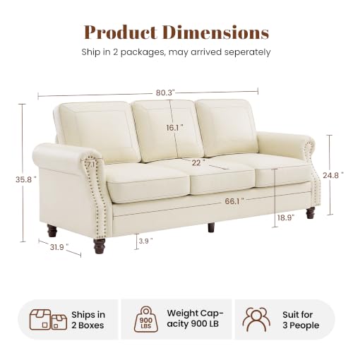 Image of Kingfun Faux Leather 3 Seater Sofa with Rolled Arms,Cream