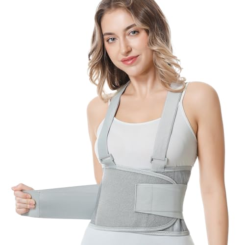 NeoTech Care Back Brace with Suspenders/Shoulder Straps - Light & Breathable - Lumbar Support Belt for Lower Back Pain - Posture, Work, Gym - Grey Color (Size S)