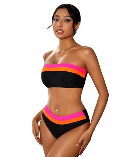 Image of ZAFUL Women's High Cut Bandeau Bikini Set Strapless Solid Color 2 Pieces Bathing Suit Swimsuit (5-Black Red,L), Large
